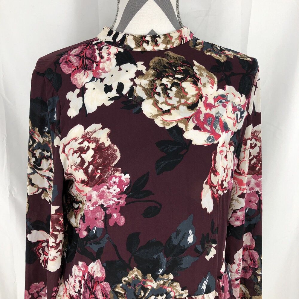 LOFT Maroon Floral Long Sleeve Elastic Drop Waist Blouse 515868 Medium